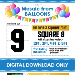 Puede incluir: Una descarga digital para un mosaico de globos DIY en forma del número 9. El diseño está en una fuente cuadrada e incluye instrucciones para crear el mosaico en 3 sencillos pasos. La imagen muestra un mosaico de globos terminado del número 9, junto con una muestra del patrón imprimible.