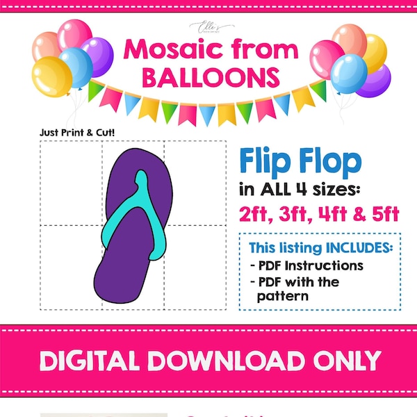 Flip Flop Mosaic from Balloons, Flip Flop Template, Summer Mosaic From Balloons, Beach Template from Balloons, Summer, DIGITAL DOWNLOAD, PDF