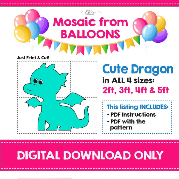 Dragon mignon de ballons, mosaïque de dragon de ballons, mosaïque de ballons, décorations d'anniversaire pour enfants, modèle de mosaïque, 2 pieds 3 pieds, 4 pieds, 5 pieds, bricolage