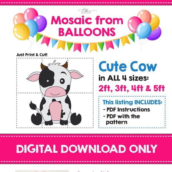 Cute Cow Mosaic from Balloons, Holy Cow Mosaic Template, Baby Cow Mosaic From Balloons, Template from Balloons, Animals Props, DIGITAL FILE