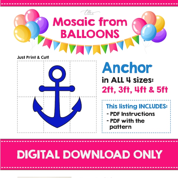 Anchor Mosaic from Balloons Template, Anchor Mosaic from Balloons, Balloons Mosaic, Nautical Party, Sea Mosaic Template, 2ft 3ft, 4ft, 5ft
