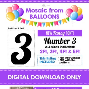 FANCY Número 3, Plantilla de mosaico de globos, Número tres, Plantilla de número de mosaico, Números de mosaico, 2 pies, 3 pies, 4 pies, 5 pies, Descarga digital