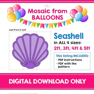 Könnte beinhalten: Digitaler Download-Muster für ein Muschel-Mosaik-Bastelprojekt. Das Muster ist in vier Größen erhältlich: 60 cm, 90 cm, 120 cm und 150 cm. Das Bild zeigt eine violette Muschel-Umrandung und eine 6 aus rosa Luftballons.