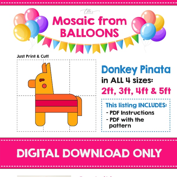 Donkey Pinata Balloon Mosaic Template, Mosaic from Balloons,  Donkey Piñata, Mosaic Balloons, Mosaic from Balloons, PDF File, DIGITAL FILE