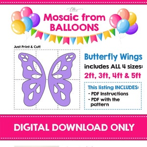 Butterfly Wings from Balloons, Mosaic from Balloons, Birthday Decor, DIY, Mosaic Template, Baby Shower, 2ft, 3ft, 4ft, 5ft, Mosaic Templates