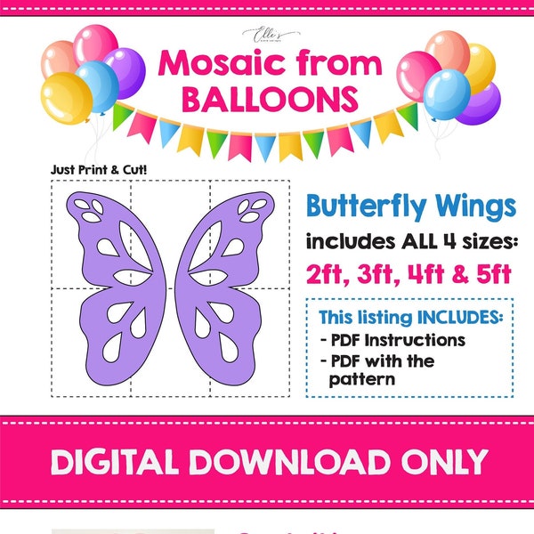 Butterfly Wings from Balloons, Mosaic from Balloons, Birthday Decor, DIY, Mosaic Template, Baby Shower, 2ft, 3ft, 4ft, 5ft, Mosaic Templates