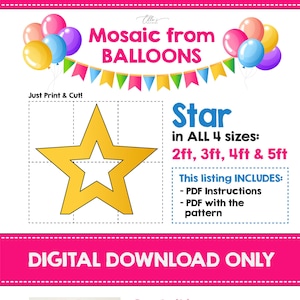 Estrella de Globos, Mosaico de Estrellas de Globos, Ideas de Decoración de Pequeñas Estrellas, Letras de Mosaico, Plantilla de Mosaico, 2ft 3ft, 4ft, 5ft, DIY, Estrella de Mosaico