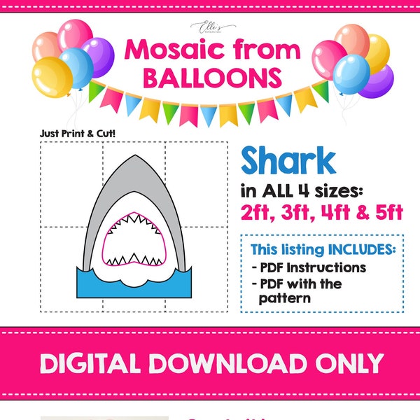 Shark Mosaic from Balloons, Shark Mosaic Template, Mosaic From Balloons, Shak Mosaic Balloons, Shark Decorations, Digital Template, PDF File