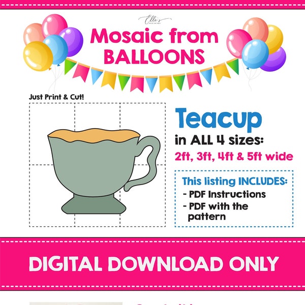 Teacup from Balloons, Mosaic from Balloons, Tea Party, Wonderland Birthday, Template from Balloons, Mosaic from Balloons Digital Download