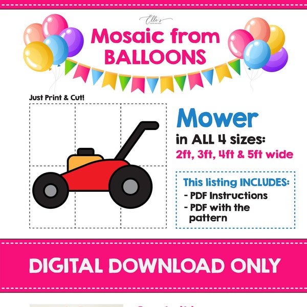 Lawn Mower Mosaic from Balloons, Mower Mosaic Template, Lawn Mower Balloon Mosaic, Gardener Template from Balloons, Digital Download