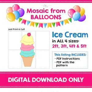 以下が含まれることがあります： アイスクリームコーンのバルーンモザイククラフト用のデジタルダウンロードパターン。パターンは4つのサイズで入手できます。60 cm、90 cm、120 cm、150 cm。リストには、手順とパターンが含まれています。