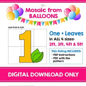 Number 1 + Leaf, Mosaic, Mosaic Numbers, Number One Mosaic Template from Balloons, Greenery Decor, Mosaic from Balloons, Digital Download
