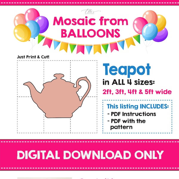 Teapot from Balloons, Bridal Tea, Mosaic from Balloons, Tea Party, Wonderland Birthday, Template, Mosaic from Balloons Digital Download