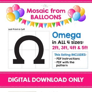Plantilla de mosaico Omega, Ω, mosaico de letras griegas de globos, ideas de decoración de hermandad, mosaico de globos, plantilla de descarga digital