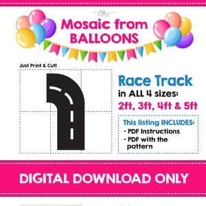 Puede incluir: Patrón de pista de carreras para descargar digitalmente, hecho con globos. El patrón está disponible en cuatro tamaños: 60 cm, 90 cm, 120 cm y 150 cm. La lista incluye instrucciones y un PDF con el patrón. La imagen muestra un número 6 rosa hecho con globos.