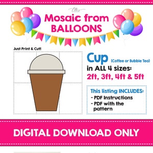 Könnte beinhalten: Digitaler Download für ein DIY-Tassenmosaik-Bastelprojekt. Das Bild zeigt eine Vorlage für eine Tasse, eine Zahl 6 aus Ballons und Anweisungen zum Erstellen des Projekts. Das Projekt benötigt Schaumstoffplatten, Kleber, Ballons und Klebepunkte.