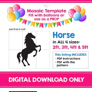 以下が含まれることがあります： デジタルダウンロードテンプレート、馬のモザイク用。サイズは60cm、90cm、120cm、150cm。PDFの説明書とパターンが含まれています。画像には黒い馬のシルエット、風船、作り方の説明が示されています。