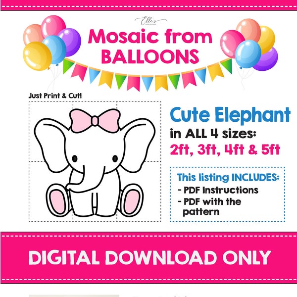 Éléphant mignon de ballons, modèle de mosaïque de bébé éléphant, mosaïque de ballons, décorations d'anniversaire, modèle de mosaïque, 2 pieds 3 pieds, 4 pieds, 5 pieds, bricolage