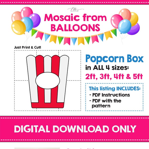 Popcorn vak ballon mozaïek, gigantische popcorn vak mozaïek sjabloon, mozaïek van ballonnen, popcorn prop, verjaardag rekwisieten, digitaal bestand, DIY rekwisieten