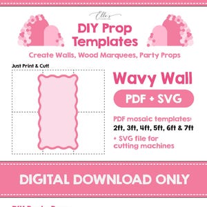 Op de afbeelding: Digitale download voor een golvende wand party prop sjabloon. De sjabloon is beschikbaar in PDF en SVG formaten. De afbeelding toont een roze golvende wand met een vlinderdecoratie en ballonnen. De tekst "Wavy Wall" is roze en de tekst "PDF + SVG" is wit.
