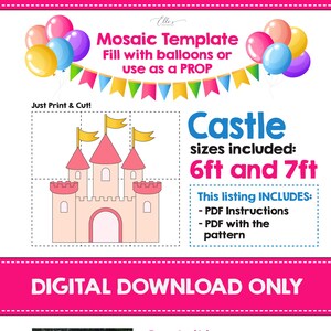 以下が含まれることがあります： デジタルダウンロードのモザイックテンプレート。お城のデザインで、1.8mと2.1mのサイズがあります。PDFの説明書とパターンが含まれています。画像にはお城のデザイン、風船、そして「デジタルダウンロードのみ」というテキストが表示されています。