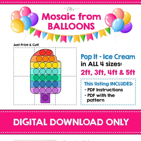 POP IT Popsicle-Mosaik aus Ballons, Pop It-Eiscreme-Mosaikvorlage, Pop It Party, Ballons-Mosaik, Vorlage, 2 ft 3 ft, 4 ft, 5 ft