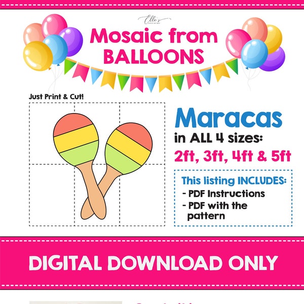 Maracas Balloon Mosaic Template, Mosaic from Balloons, Mexican Party Ideas, Mosaic Balloons, Music, Mosaic from Balloons, PDF File, DIGITAL