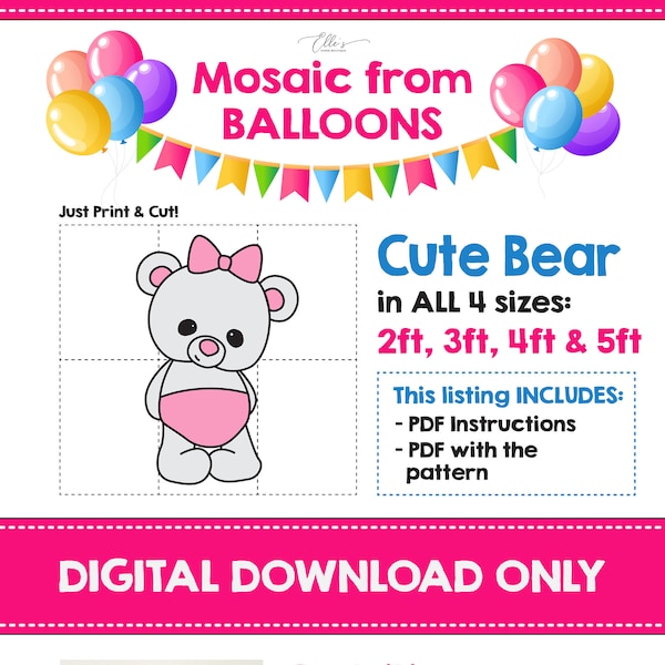 Cute Bear from Balloons, Teddy Bear Mosaic from Balloons, Baby Bear DIY Decor, Giant Bear, Birthday Decor, DIY, Mosaic Template, Baby Shower
