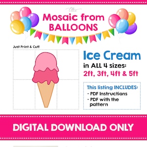 Eiscreme-Mosaik-Vorlage, Eiscreme-Mosaik aus Luftballons, Mosaik aus Luftballons, Was ist die Kugel, Vorlage, Geburtstag Luftballons, PDF-Datei