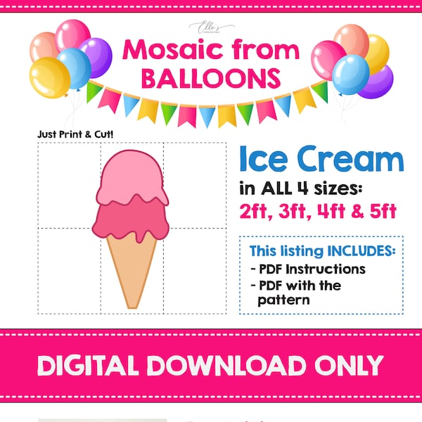 Ice Cream Mosaic Template, Ice Cream Mosaic from Balloons, Mosaic From Balloons,  What's the Scoop, Template, Birthday Balloons, PDF File