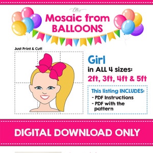 Girl Mosaic Template, Girl from Balloons, Cute Girl from Balloons, Doll Mosaic from Balloons, Mosaic from Balloons, PDF , EllesPaperBoutique