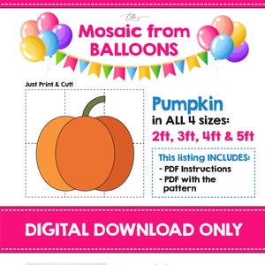 Peut inclure: Téléchargement numérique pour un projet d'artisanat de mosaïque de citrouille. L'image montre un contour de citrouille et un exemple du projet fini, un numéro 6 fait de ballons roses. La liste comprend des instructions PDF et des modèles pour quatre tailles : 61 cm, 91 cm, 122 cm et 152 cm.