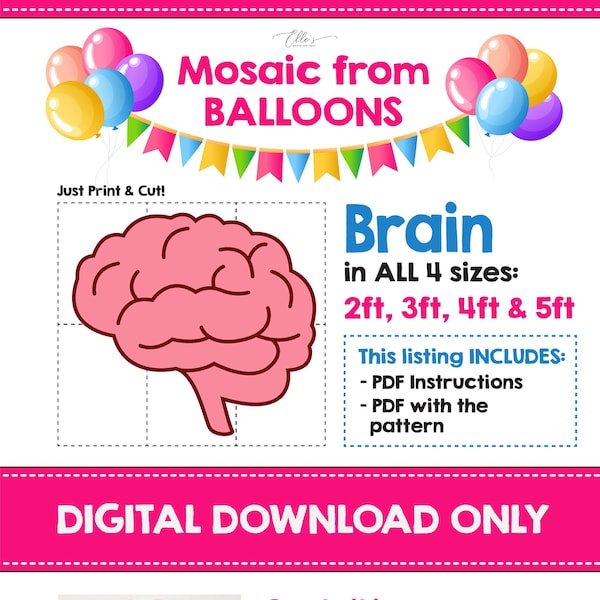 Brain Balloon Mosaic Template, Brain Mosaic from Balloons, Giant Brain, Mind, Brain Prop, Medicine, Mosaic from Balloons, PDF, DIGITAL FILE