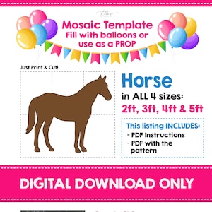 以下が含まれることがあります： 2フィート、3フィート、4フィート、5フィートのサイズの馬のモザイクのデジタルダウンロードテンプレート。PDFの説明書とパターンが含まれています。画像には、風船で作られたカラフルな「18」モザイクと、その作成方法も表示されています。