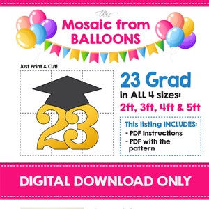 23-Grad-Ballon-Mosaik-Vorlage, Abschluss-Mosaik-Vorlage, 2023-Graduat-Mosaik aus Luftballons, graduierte Vorlage, PDF-Datei, digitale Dateien