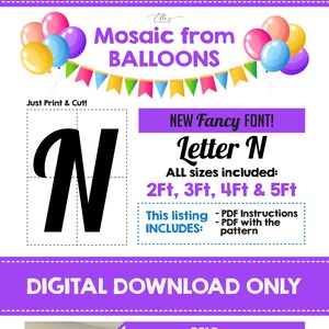 FANCY Mosaic Letter N, Mosaic from Balloons N, Mosaic Template from Balloons, 2ft, 3ft, 4ft, 5ft, Digital Download, Fancy Letters