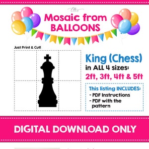 Puede incluir: Patrón de descarga digital para una pieza de ajedrez de rey hecha de globos. El patrón está disponible en cuatro tamaños: 60 cm, 90 cm, 120 cm y 150 cm. La lista incluye instrucciones y un PDF con el patrón.