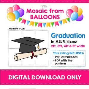 Gorro de graduación y diploma de globos, fiesta de graduación, plantilla de mosaico, 21 mosaicos de posgrado de globos, plantilla de posgrado, plantillas de archivos PDF