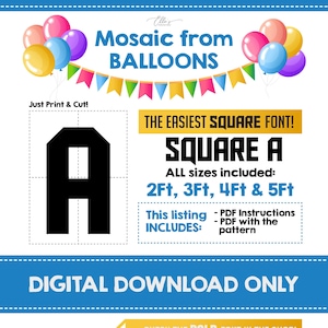 Letra de mosaico A - Fuente cuadrada, Mosaico de globos, Plantilla de mosaico, Letra gigante A, 2 pies, 3 pies, 4 pies, 5 pies, Descarga digital, Archivo PDF