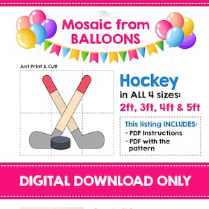以下が含まれることがあります： 風船で作ったホッケー選手のデジタルダウンロードパターン。パターンには説明書が含まれており、4つのサイズ（61cm、91cm、122cm、152cm）があります。画像は、風船で作ったピンクの数字6を示しています。