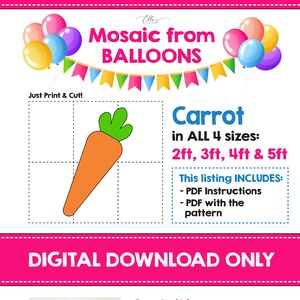 May include: Digital download pattern for a carrot balloon mosaic craft. The pattern is available in four sizes: 2 feet, 3 feet, 4 feet, and 5 feet. The listing includes PDF instructions and the pattern. The image shows a pink foam board number 6 decorated with pink balloons.