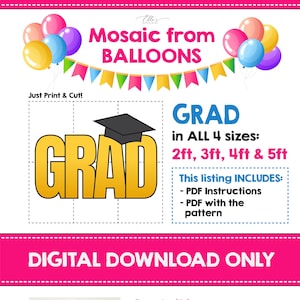 GRAD - Mosaic Letters with Cap for GRAD, Mosaic from Balloons, Prom Template, Digital Download, Mosaic Bundle, Deal, MOSAIC Template, Pdf