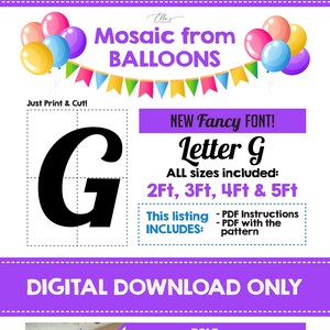 FANCY Mosaic Letter G, Mosaic from Balloons G, Mosaic Template from Balloons, 2ft, 3ft, 4ft, 5ft, Digital Download, Fancy Letters