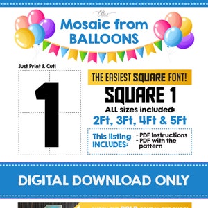 SQUARE Number 1, Balloon Mosaic Template, One Mosaic Number Template, Mosaic Numbers from Balloons, 2ft, 3ft, 4ft, 5ft, Digital Download,