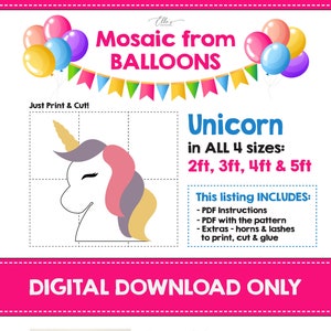 Unicorn from Balloons, Mosaic from Balloons, Birthday Decor, DIY Unicorn, Mosaic Template, Baby Shower, 2ft, 3ft, 4ft, DIY Decor