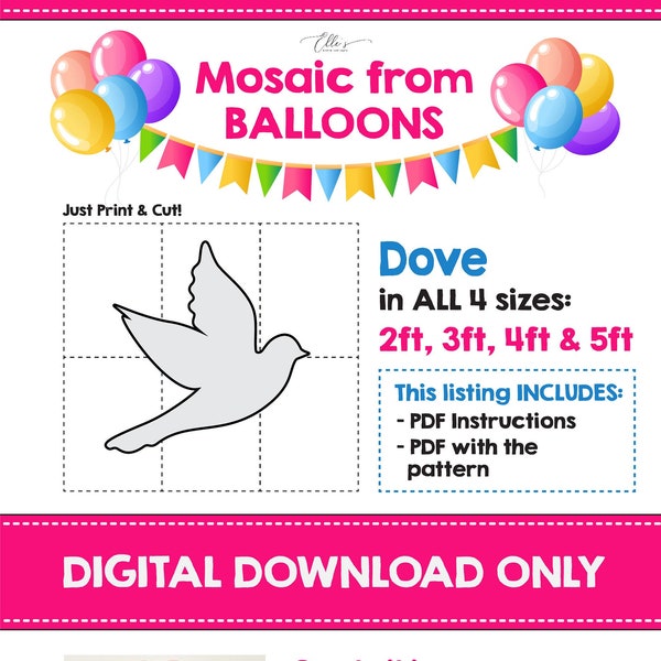 Dove Mosaic from Balloons, Pigeon Mosaic Template, Animals Mosaic Balloons, Balloons Mosaic, DIY Mosaic Template, 2ft 3ft, 4ft, 5ft, DIGITAL