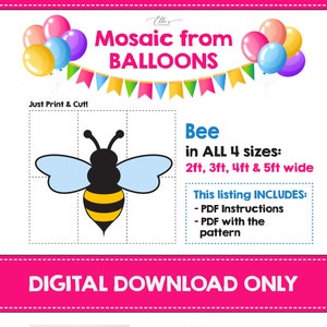 May include: Digital download pattern for a bee balloon mosaic. The pattern is available in four sizes: 2 feet, 3 feet, 4 feet, and 5 feet wide. The listing includes instructions and the pattern.
