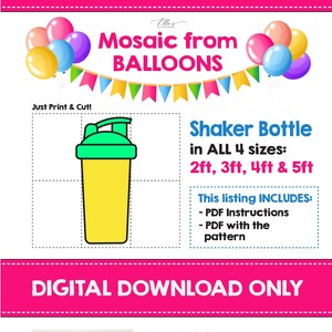 May include: Digital download for a DIY shaker bottle mosaic craft. The image shows a pink foam board cut out in the shape of the number 6, with pink balloons glued to the board. The image also shows a shaker bottle, a list of supplies needed, and instructions for creating the mosaic.
