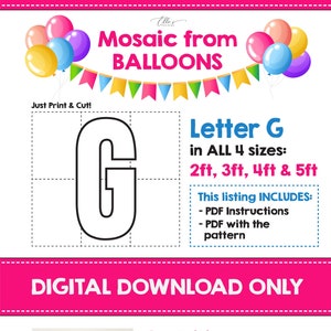Mosaic Letter G, Mosaic Number, Mosaic Letters, Mosaic Templates, DIY Mosaic from Balloons, 2ft, 3ft, 4ft, 5ft, Digital Download