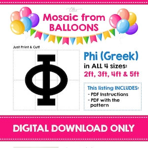 Plantilla de mosaico Phi, Φ, mosaico de letras griegas de globos, mosaico de globos φ, globos de mosaico, 2 pies, 3 pies, 4 pies, 5 pies, descarga digital